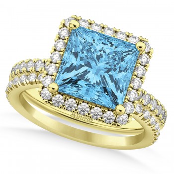 Blue Topaz & Diamonds Princess-Cut Halo Bridal Set 14K Yellow Gold (3.74ct)