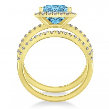 Blue Topaz & Diamonds Princess-Cut Halo Bridal Set 14K Yellow Gold (3.74ct)