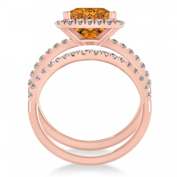 Citrine & Diamonds Princess-Cut Halo Bridal Set 14K Rose Gold (3.74ct)