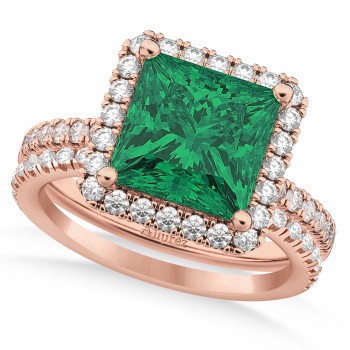 Emerald & Diamonds Princess-Cut Halo Bridal Set 14K Rose Gold (3.84ct)
