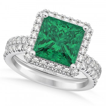 Emerald & Diamonds Princess-Cut Halo Bridal Set 14K White Gold (3.84ct)
