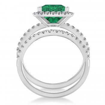 Emerald & Diamonds Princess-Cut Halo Bridal Set 14K White Gold (3.84ct)