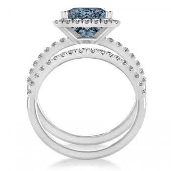 Gray Spinel & Diamonds Princess-Cut Halo Bridal Set 14K White Gold (3.74ct)