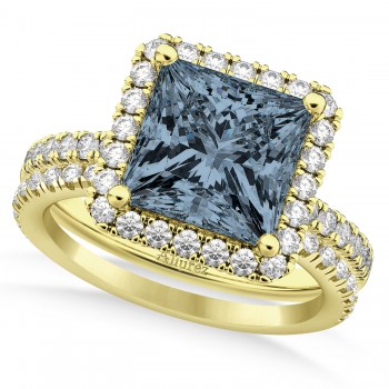 Gray Spinel & Diamonds Princess-Cut Halo Bridal Set 14K Yellow Gold (3.74ct)