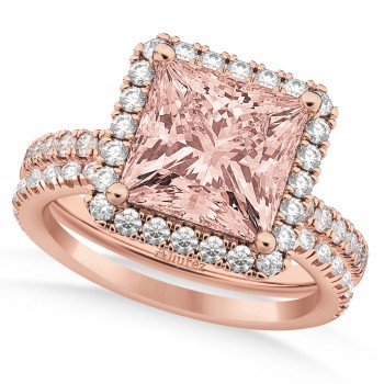 Morganite & Diamonds Princess-Cut Halo Bridal Set 14K Rose Gold (3.74ct)