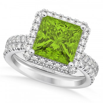 Peridot & Diamonds Princess-Cut Halo Bridal Set 14K White Gold (3.74ct)