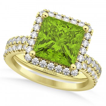 Peridot & Diamonds Princess-Cut Halo Bridal Set 14K Yellow Gold (3.74ct)