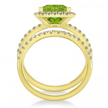 Peridot & Diamonds Princess-Cut Halo Bridal Set 14K Yellow Gold (3.74ct)