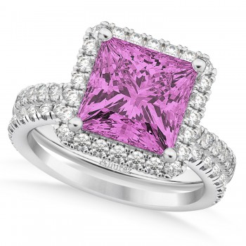 Pink Sapphire & Diamonds Princess-Cut Halo Bridal Set 14K White Gold (3.74ct)