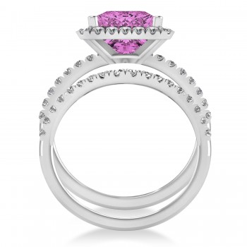 Pink Sapphire & Diamonds Princess-Cut Halo Bridal Set 14K White Gold (3.74ct)