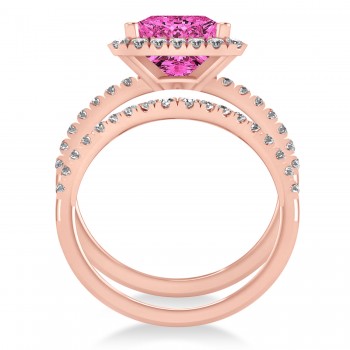 Pink Tourmaline & Diamonds Princess-Cut Halo Bridal Set 14K Rose Gold (3.74ct)
