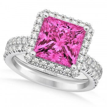 Pink Tourmaline & Diamonds Princess-Cut Halo Bridal Set 14K White Gold (3.74ct)