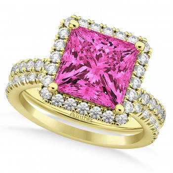 Pink Tourmaline & Diamonds Princess-Cut Halo Bridal Set 14K Yellow Gold (3.74ct)