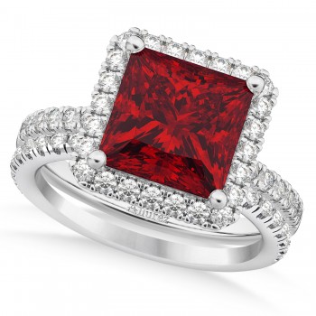 Ruby & Diamonds Princess-Cut Halo Bridal Set 14K White Gold (3.74ct)