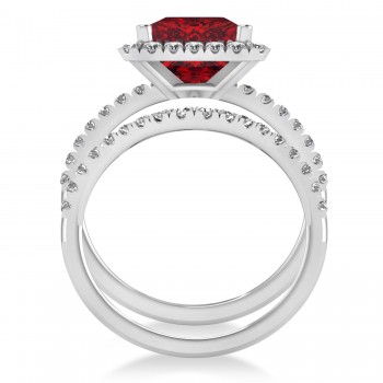Ruby & Diamonds Princess-Cut Halo Bridal Set 14K White Gold (3.74ct)