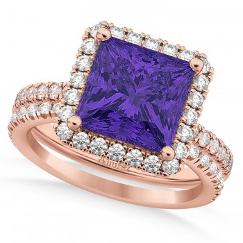 Tanzanite & Diamonds Princess-Cut Halo Bridal Set 14K Rose Gold (3.74ct)