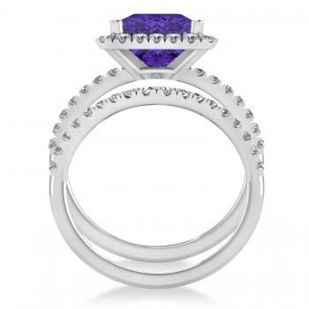 Tanzanite & Diamonds Princess-Cut Halo Bridal Set 14K White Gold (3.74ct)