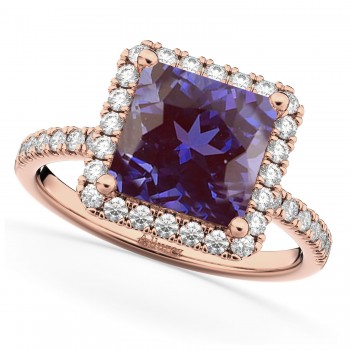 Princess Cut Halo Lab Alexandrite & Diamond Engagement Ring 14K Rose Gold 3.47ct