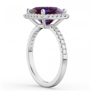 Princess Cut Halo Lab Alexandrite & Diamond Engagement Ring 14K White Gold 3.47ct