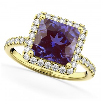 Princess Cut Halo Lab Alexandrite & Diamond Engagement Ring 14K Yellow Gold 3.47ct