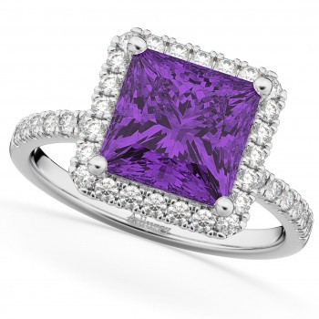 Princess Cut Halo Amethyst & Diamond Engagement Ring 14K White Gold 3.47ct