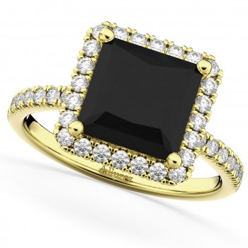 Princess Cut Halo Black Diamond Engagement Ring 14K Yellow Gold (3.58ct)