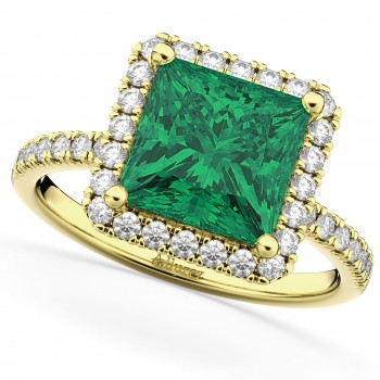 Princess Cut Halo Emerald & Diamond Engagement Ring 14K Yellow Gold 3.57ct