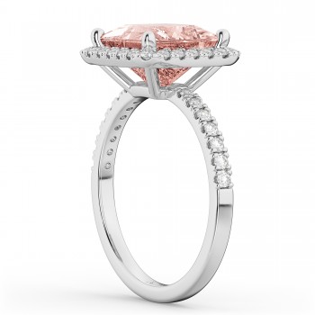 Princess Cut Halo Morganite & Diamond Engagement Ring 14K White Gold 3.47ct