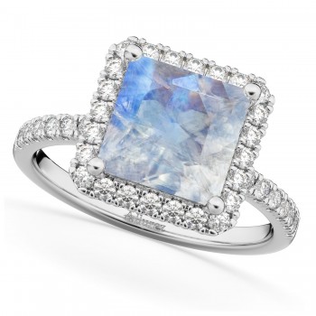 Princess Cut Halo Moonstone & Diamond Engagement Ring 14K White Gold 3.47ct