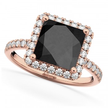 Princess Cut Halo Black Onyx & Diamond Engagement Ring 14K Rose Gold 3.47ct