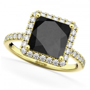 Princess Cut Halo Black Onyx & Diamond Engagement Ring 14K Yellow Gold 3.47ct