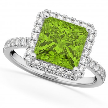 Princess Cut Halo Peridot & Diamond Engagement Ring 14K White Gold 3.47ct
