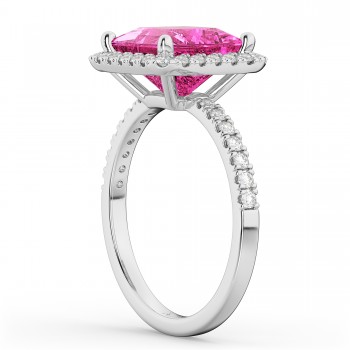Princess Cut Halo Pink Tourmaline & Diamond Engagement Ring 14K White Gold 3.47ct