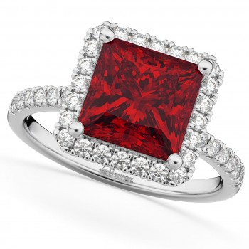 Princess Cut Halo Ruby & Diamond Engagement Ring 14K White Gold 3.47ct