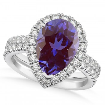 Lab Alexandrite & Diamonds Pear-Cut Halo Bridal Set 14K White Gold (2.48ct)