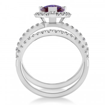 Lab Alexandrite & Diamonds Pear-Cut Halo Bridal Set 14K White Gold (2.48ct)