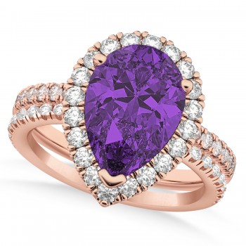 Amethyst & Diamonds Pear-Cut Halo Bridal Set 14K Rose Gold (2.48ct)