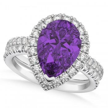 Amethyst & Diamonds Pear-Cut Halo Bridal Set 14K White Gold (2.48ct)