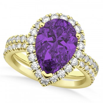 Amethyst & Diamonds Pear-Cut Halo Bridal Set 14K Yellow Gold (2.48ct)