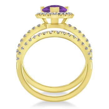 Amethyst & Diamonds Pear-Cut Halo Bridal Set 14K Yellow Gold (2.48ct)