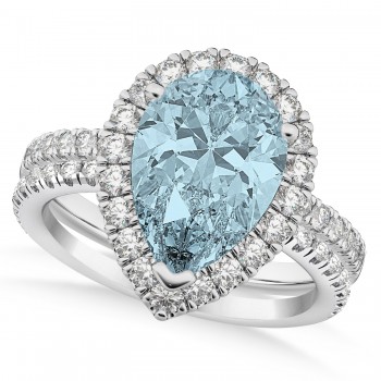 Aquamarine & Diamonds Pear-Cut Halo Bridal Set 14K White Gold (2.63ct)