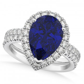 Lab Blue Sapphire & Lab Grown Diamonds Pear-Cut Halo Bridal Set 14K White Gold (3.28ct)