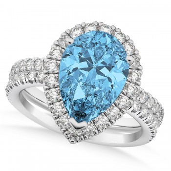 Blue Topaz & Diamonds Pear-Cut Halo Bridal Set 14K White Gold (2.18ct)