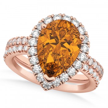 Citrine & Diamonds Pear-Cut Halo Bridal Set 14K Rose Gold (2.48ct)