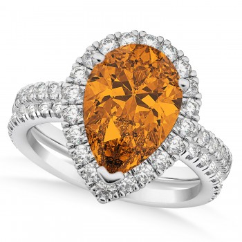 Citrine & Diamonds Pear-Cut Halo Bridal Set 14K White Gold (2.48ct)