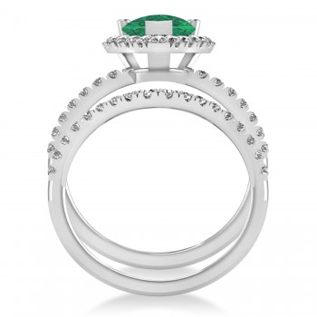 Lab Emerald & Lab Grown Diamonds Pear-Cut Halo Bridal Set 14K White Gold (3.38ct)