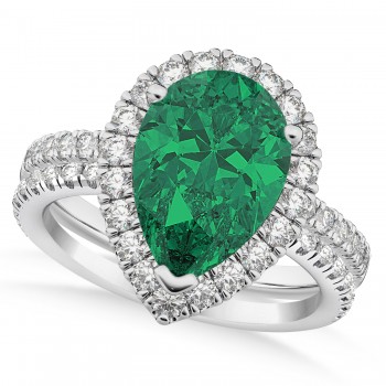 Emerald & Diamonds Pear-Cut Halo Bridal Set 14K White Gold (3.38ct)