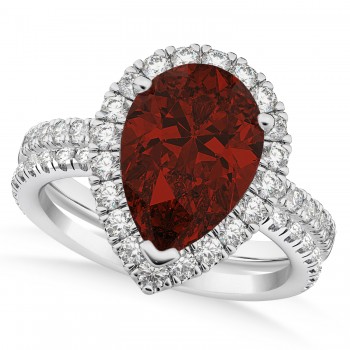 Garnet & Diamonds Pear-Cut Halo Bridal Set 14K White Gold (2.58ct)