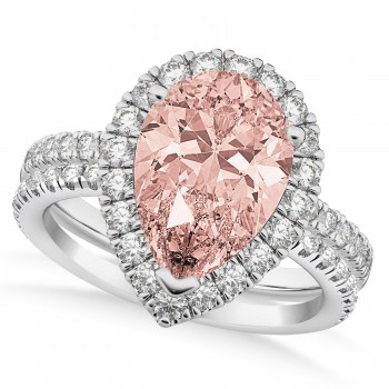 Morganite & Diamonds Pear-Cut Halo Bridal Set 14K White Gold (2.78ct)