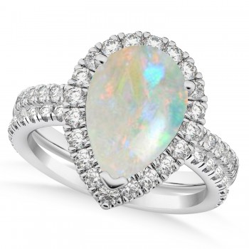 Opal & Diamonds Pear-Cut Halo Bridal Set 14K White Gold (1.81ct)